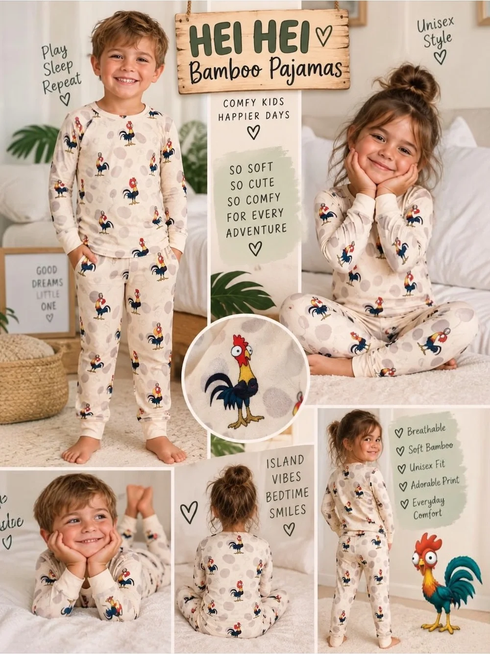 Hei Hei Kids Bamboo Pajama Set Rooster Print Unisex PJs